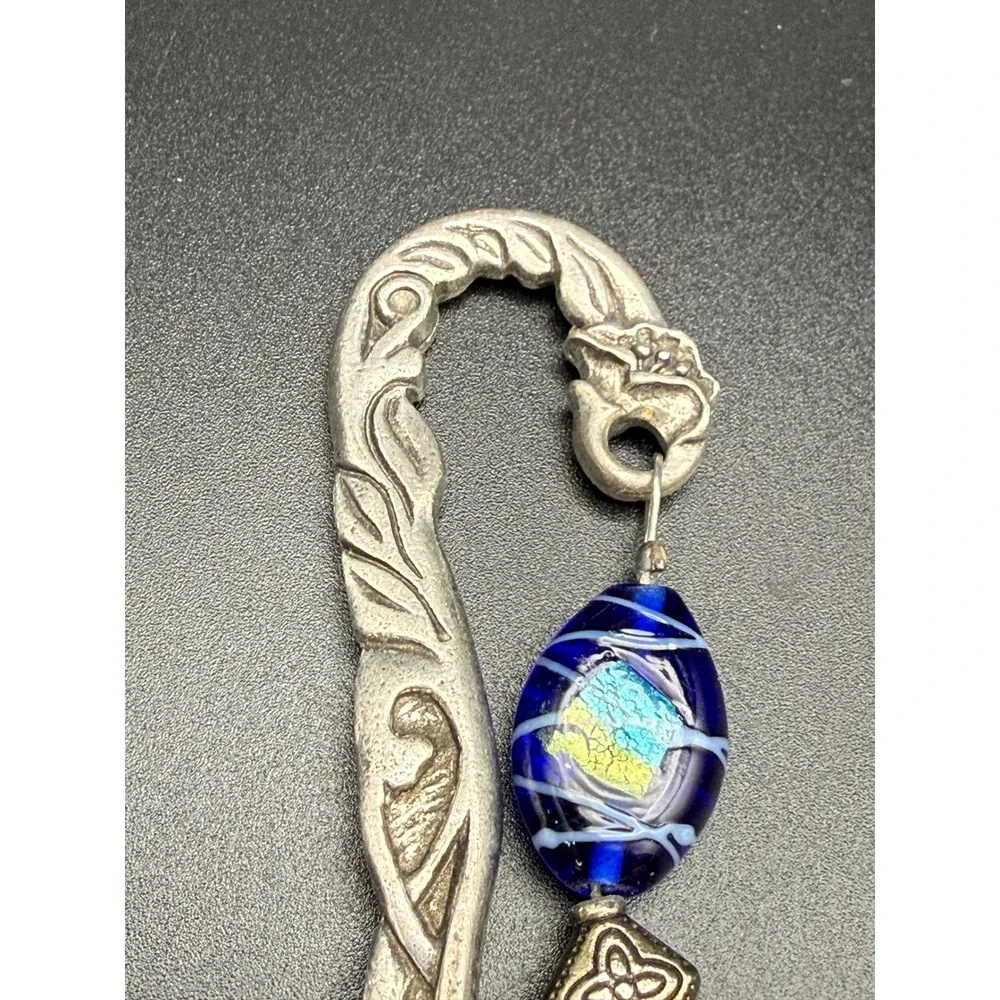 Silver Tone Celtic Scroll Shepherd Hook Bookmark Blue Glass Bead Inspire Charm